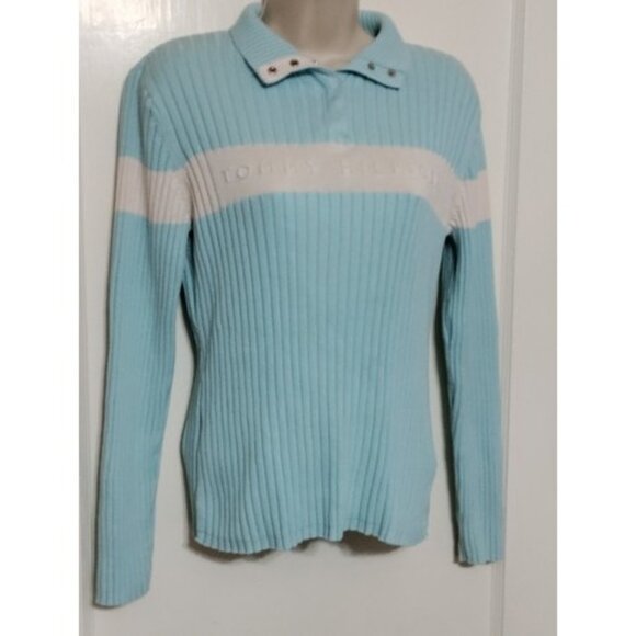 Tommy Hilfiger 1/4 Snap Pullover Sweater Medium Knit Embroidered Spellout Logo - Picture 2 of 9